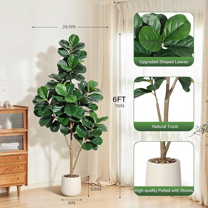 6FT Fiddle Leaf Fig Tree Artificial with 108 Leaves - Realistic Faux Ficus Lyrata Trees in 9" White Planter Pot, Indoor Fake Floor Plants for Home Office Living Room Decor, Housewarming Gift