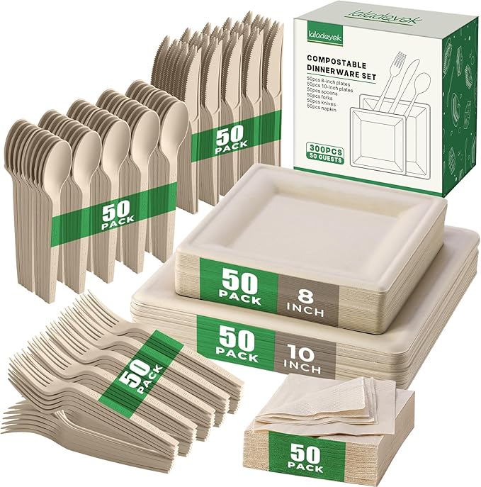 300Pcs Disposable Paper Plates Set, Compostable Plate Sugarcane Utensils Eco Friendly Dinnerware Kit Includes 50 Biodegradable Plates, Forks, Knives Napkins and Spoons for Brithday Party Camping
