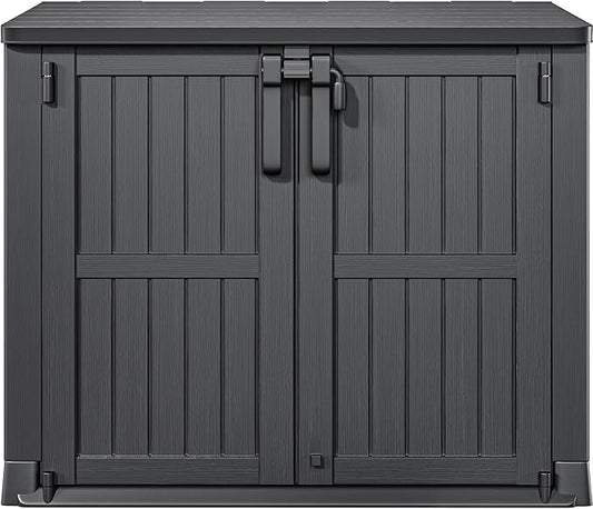 DWVO Tool Storage Shed, Storage for Bakcyard, Patio, and Garden, Resin Plastic Shed with Sloped Lid, Lockable Door, and Wood Grain Finish, Black