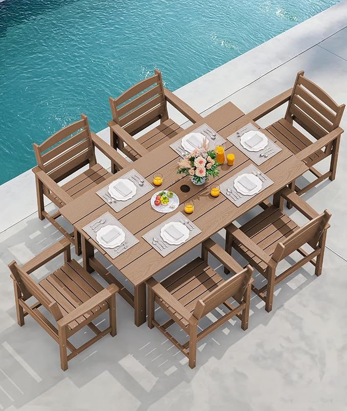 SERWALL 7-Piece Patio Outdoor Table & Chairs, HDPE Dining Set with Umbrella Hole & All-Weather Design for Lawn, Backyard, Poolside, Brown