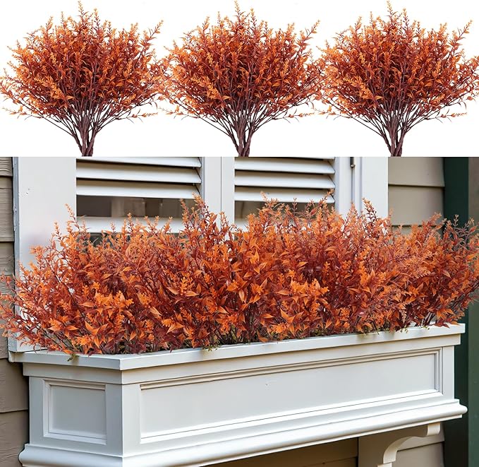 RECUTMS Artificial Fall Outdoor Plants Faux Lavender Flowers Fake Greenery 12 Bundles UV Artificial Flowers for Outside Fake Lavender Plants Faux Greenery for Garden Patios Fall Wedding (Brown)
