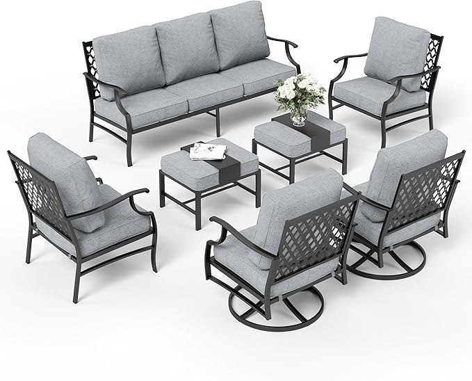 7 Piece Metal Outdoor Patio Furniture Set, Patio Conversation Sets 1 3-seater Sofa, 2 Fixed Chairs, 2 Swivel Chairs, 2 Ottomans with 5.75" Thick Cushion, Black Backyard Furniture, Gray
