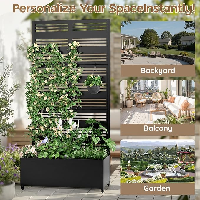 Metal Raised Garden Bed with Trellis & Wheels,70" x 35"x 15.7" Planter Box with Trellis,Privacy Planters for Patio,Garden Bed for Climbing Plants,Suitable for Climbing Plants and Vegetables,Black