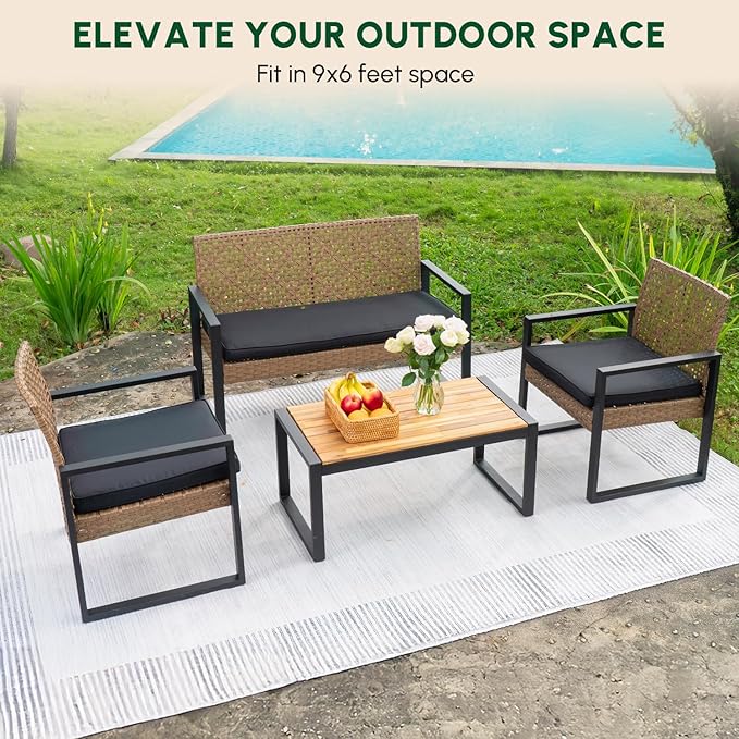 BEEFURNI Wicker Patio Furniture Outdoor Conversation Set of 4, Acacia Wood Table, 2 Rattan Chairs, 1 Loveseat, 2” Cushions, All-Weather, Easy Assembly, 1-Year Manufacturer Warranty (Brown)