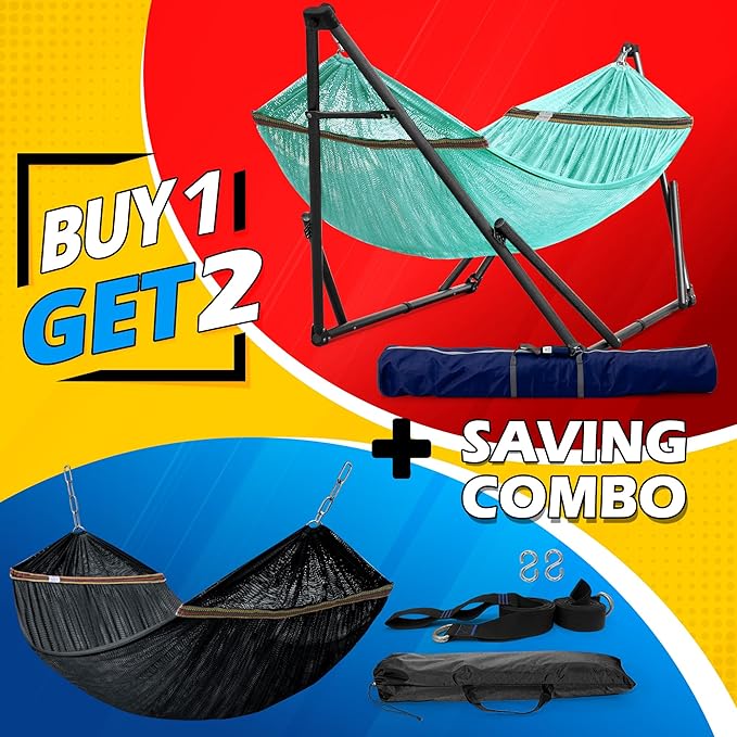 Tranquillo Combo x2 Hammocks with Stand for Outside & Tree Straps, Heavy Duty Hammock with Stand 600lbs for Indoor Outdoor Patio Backyard, x2 Hammocks for 2 Person, Portable Carrying Bags, Sky