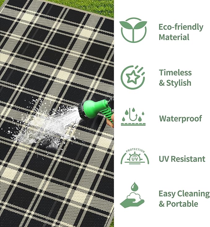 GENIMO Waterproof Outdoor Rug for Patio Clearance, 8'x10' Reversible Plastic Straw Rugs, Lightweight RV Camping Mat for Camper, Balcony, Deck, Backyard, Picnic, Black & Beige