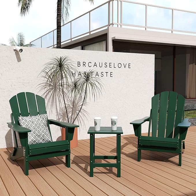 WO Home Furniture Adirondack Chairs Table Set of 3 PCS Outdoor Folding Chairs Side End Table Weather/UV Resistant for Lawn, Garden, Bon Fire, Balcony (Dark Green)