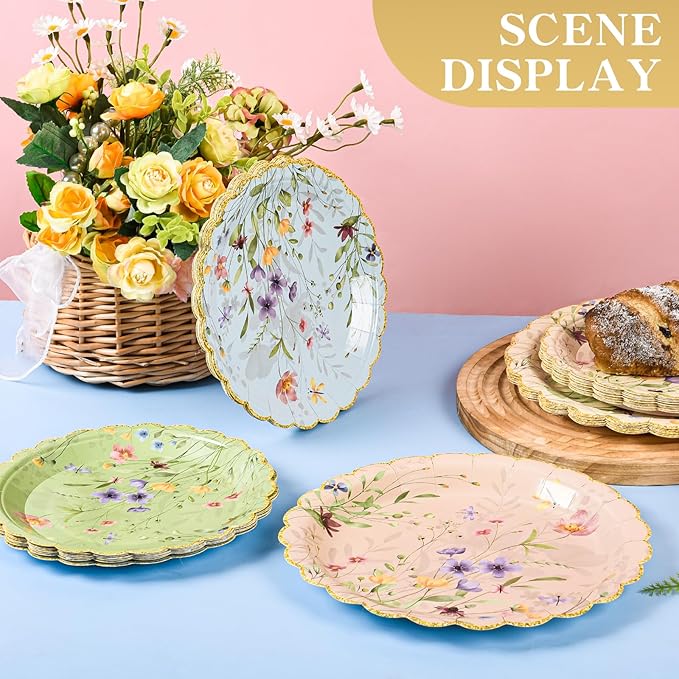 64 Pcs Wildflower Paper Plates Disposable Tableware Set 9 Inch and 7 Inch Floral Paper Plates for Wildflower Baby Shower Tea Party Birthday Wedding Picnic Garden Decoration Supplies