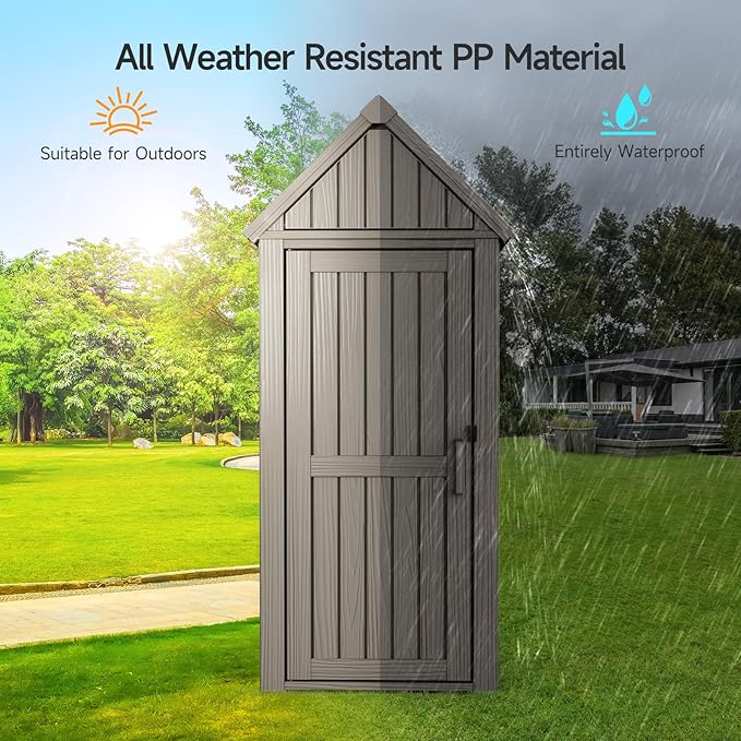 ONBRILL Multifunctional Storage Shed, Outdoor Storage Cabinet with Hooks and Lock Ring, Waterproof Outdoor Storage Shed for All Weather, Tool Outdoor Shed for Patio Lawn and Garden