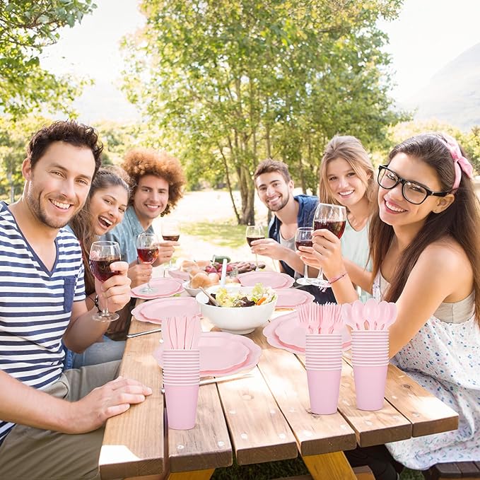 350 Pcs Light Pink Party Supplies Include Scalloped Plate Napkin Cup Forks Knives, Plastic Cutlery 50 Guest Disposable Party Tableware Set for Wedding Baby Shower Bridal Shower Birthday Parties