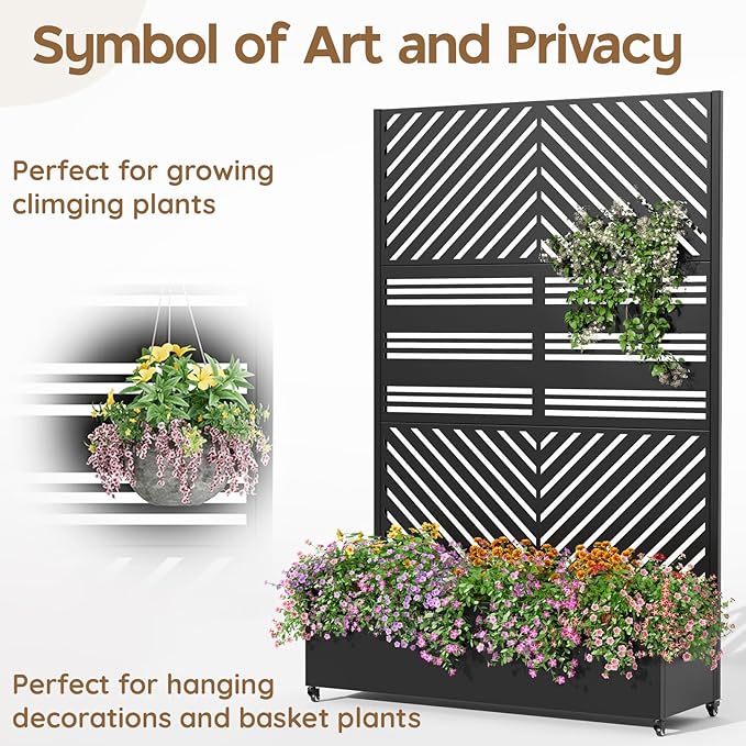 Metal Raised Garden Bed with Trellis & Wheels,70" x 47"x 15.7" Planter Box with Trellis,Privacy Planters for Patio,Garden Bed for Climbing Plants,Suitable for Climbing Plants and Vegetables,Black