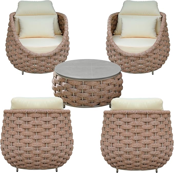 TWT Aluminum Outdoor Patio Furniture Set, 4 Textilene Armchairs Modern Outdoor Conversation Set Outdoor Single Sofa with Upgrade Cushion and Coffee Table for Balcony, Light Brown