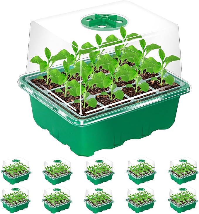 Bonviee 10 Packs Seed Starter Tray with Elevated Lid, 120 Cells Thicken Seed Starting Trays Kit with Adjustable Humidity Vent, Clear Cell Tray and Heightened Lids for Greenhouse & Gardens, Green
