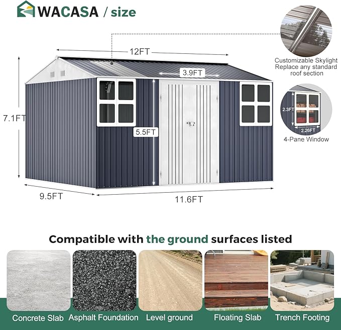 Metal shed 12x10 FT with Floor Kit, Outdoor Storage, Heavy-Duty Garden Sheds with Customizable Skylight & Reinforced Steel Frame, Weatherproof Galvanized Tool Tiny House for Backyard, Patio, and Lawn
