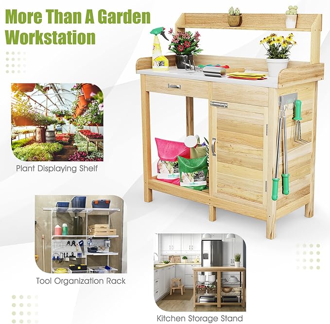 S AFSTAR Outdoor Potting Bench Table, Wooden Garden Work Station with Drawer, Storage Cabinet, Open Shelf, Side Hooks, Metal Tabletop Gardening Workbench, Potting Benches for Outside Backyard Balcony