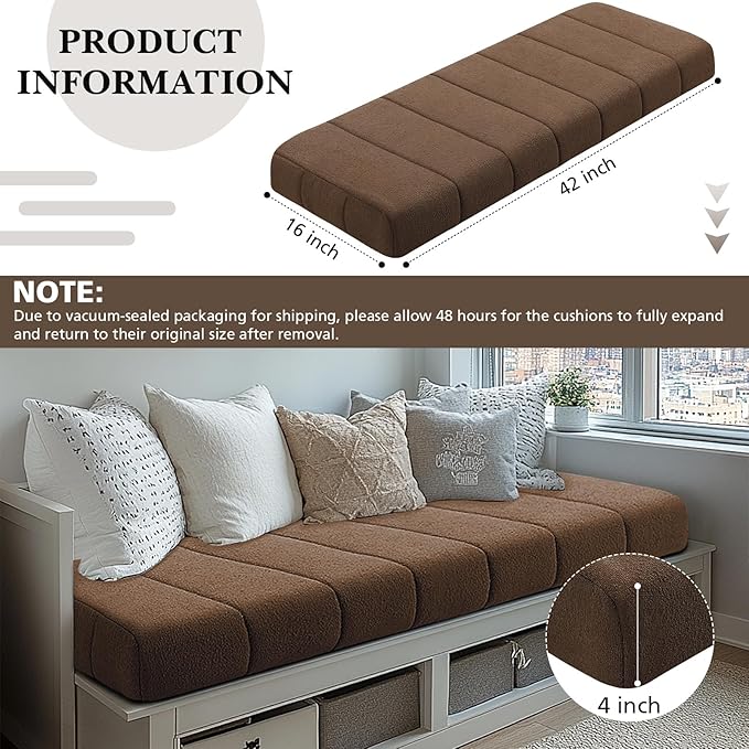 Wenqik Bench Cushion 42x16x4 Inch for Indoor Outdoor Furniture Tufted Thicken Bay Window Seat Cushion Non Slip Waterproof Dining Piano Bench Pad Pillow Anti Cat Scratch for Patio Porch Swing, Brown