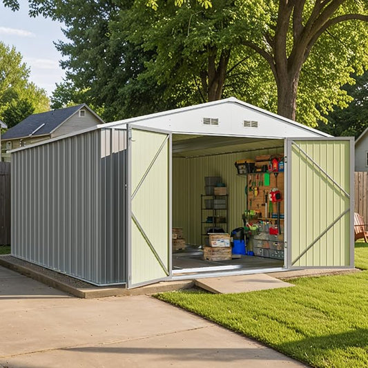 Patiowell 10 x 12 FT Metal Storage Shed for Outdoor with Floor Frame, Steel Yard Shed with Design of Lockable Doors, Utility and Tool Storage for Garden, Backyard, Patio, Outside use, Grey