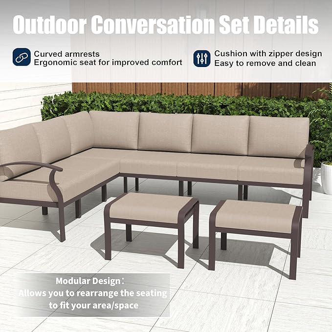 Kurapika Patio Furniture Set 8-Piece Aluminum Sectional Sofa with Armrest, Modern Outdoor Conversation Set, Metal Corner Sofa with Ottoman, Sand