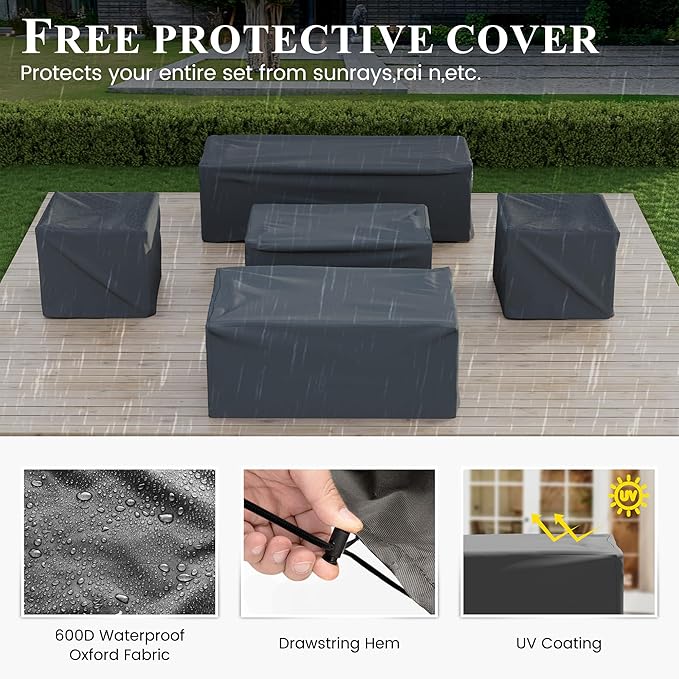 Aluminum Patio Furniture Set with Fire Pit Table, 8-Piece Metal Outdoor Furniture with Waterproof Covers for Backyard Garden (Dark Grey & Light Grey)