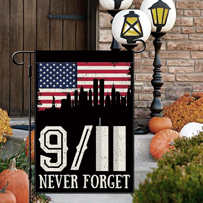 DLZDN 911 Never Forget Garden Flag 12×18 Inch Double Sided Vertical Burlap Farmhouse Yard Flag Patriotic Memorial Outdoor Decor