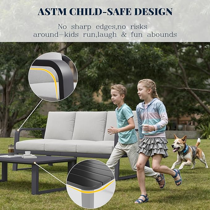 6 Piece Aluminum Patio Set with Swivel Rocking Chairs，All-Weather Outdoor Sofa, Deck Porch Furniture (Dark Grey)