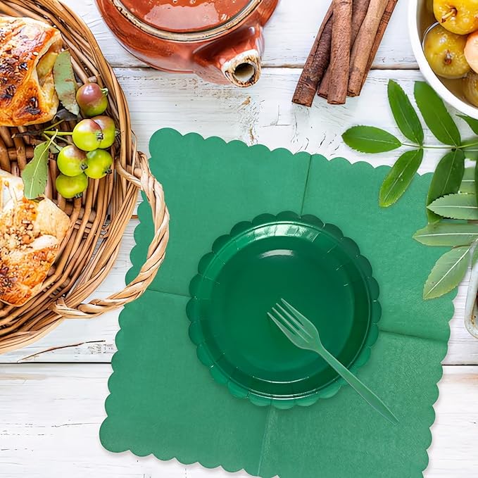 Dark Green Paper Plates and Napkins,7 Inch Dark Green Scalloped Disposable Dessert Plates Paper Napkin Fork Party Supplies for Wedding Baby Shower Birthday(25 Guest)