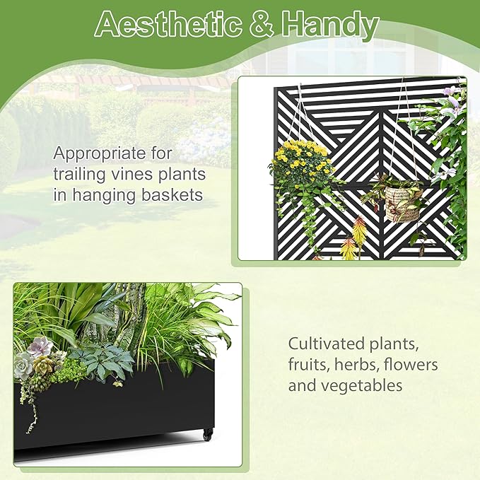 Raised Garden Bed with Trellis and Wheels,73"x47"x16" Metal Raised Garden Bed,Black Diamond Metal Planter with Climbing Trellis for Vines & Vegetables