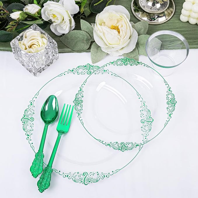 Hioasis 175pcs Clear Green Plastic Plates - Elegant Disposable Dinnerware Set Suitable for 25 Guests Include 10.25" Dinner & 7.5" Dessert Plates, Pre Rolled Silverware Set, Cups for Party & Wedding