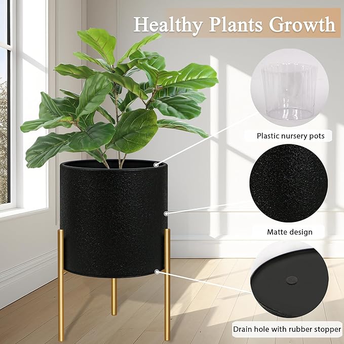 ARNIS Modern Planter Pots, Large Planters with Stand, Set of 2 Metal Planters for Plants with Drainage Holes for Living Room, Office, Garden or Balcony, 10.5 &12.25 Inch, Black