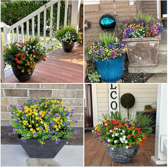 Ivydale Artificial Flowers Plants for Outdoors Decoration, 10 Bundles Fake Plastic Colorful Flowers with Ferns UV Resistant Faux Greenery Bushes Shrubs for Home Porch Patio Garden