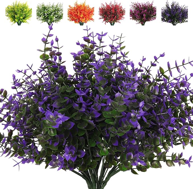 RECUTMS Artificial Fake Outdoor Plants Flowers for Spring Decoration, Faux Plastic Plants Outdoor Flower UV Resistant Realistic for Home Outside Planter Window Porch Patio Garden(Purple Eucalyptus)