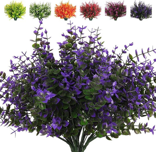 RECUTMS Artificial Fake Outdoor Plants Flowers for Spring Decoration, Faux Plastic Plants Outdoor Flower UV Resistant Realistic for Home Outside Planter Window Porch Patio Garden(Purple Eucalyptus)