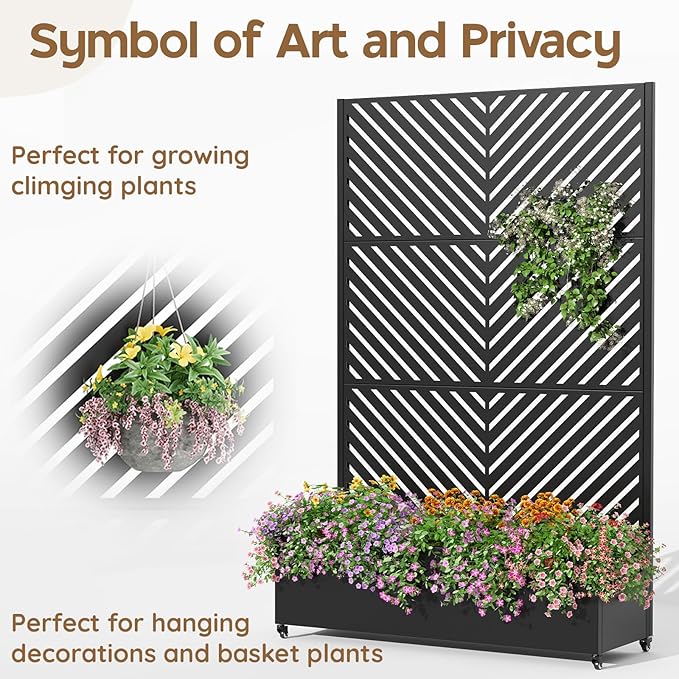 Metal Raised Garden Bed with Trellis & Wheels,70" x 47"x 15.7" Planter Box with Trellis,Privacy Planters for Patio,Garden Bed for Climbing Plants,Suitable for Climbing Plants and Vegetables,Black