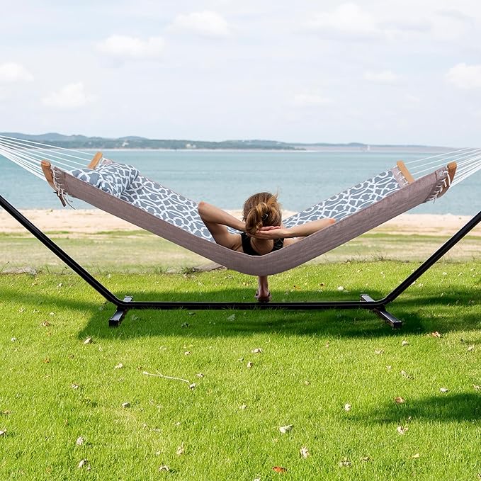 SUNCREAT Hammocks for Outside with Stand, Freestanding Hammock with Frame, 450 lbs Capacity, Grey Pattern