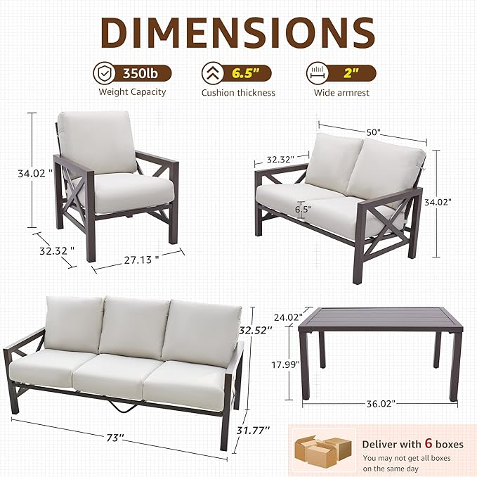 NATURAL EXPRESSIONS 5 Pieces Patio Furniture Set,Outdoor Furniture Sectional Sofa Modern Patio Set for 7 with Deep Seating,High Back Backrest,3 Seater Sofa,Loveseat,2 Fixed Chairs,Metal Table,Beige