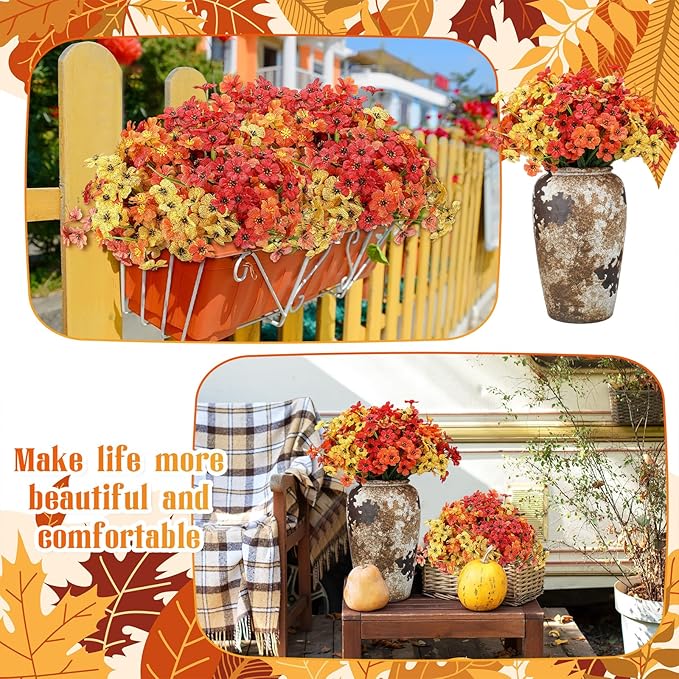 Lyrow 100 Bundles Violet Artificial Flowers, UV Resistant Faux Silk Flowers Outdoor, Fake Violet Bulk for Front Porch Hanging Garden Courtyard Farmhouse Home (Autumn Color System)