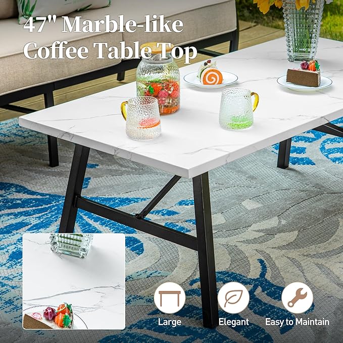 6 Piece Metal Outdoor Patio Furniture Set, Patio Conversation Set 1 3-seater Sofa, 2 Rocking Chair, 2 Leg Chair with 5.75" Thick Cushion and Coffee Table, Backyard Furniture Set, Beige