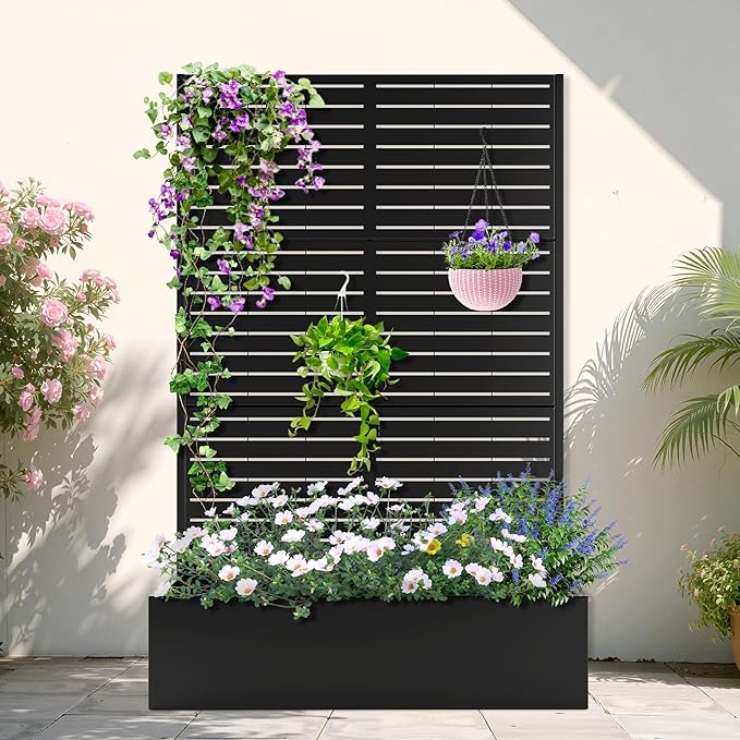 Metal Planter Box with Trellis, Planter Box with Privacy Screen, Privacy Trellis Outdoor for Climbing Plants with Drainage Holes, Raised Garden Bed for Vegetables