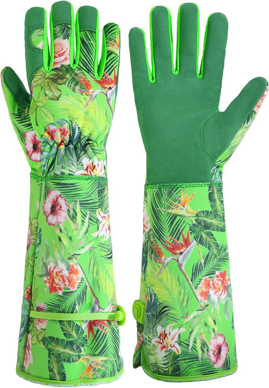 HANDLANDY Women Gardening Gloves, Scratch Resistant Breathable Ladies Rose Pruning Long Gauntlet Floral Print Garden Yard Gloves, Gift for Gardeners (Green, M)