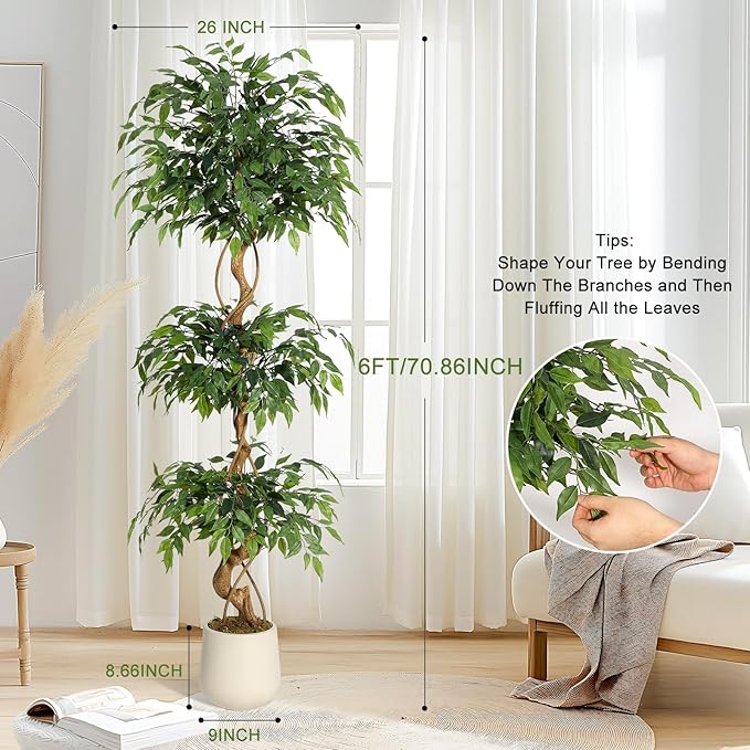 GarveeHome Ficus Artificial Tree with Curved Trunk，6 ft Faux Plant Fake Silk Trees with White Pot, Fake Ficus Tree for Home Decor, Artificial Plants Indoor for Office Living Room
