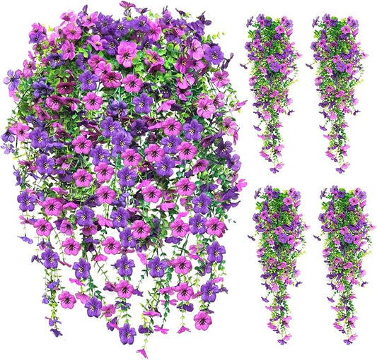 8PCS Artificial Hanging Flowers for Outdoors,Hanging Outdoor Faux Plants,UV Resistant Fake Flowers for Outdoor Planters,Realistic Fake Plants Spring Decor for Porch,Patio,Yard (DoublePurple)