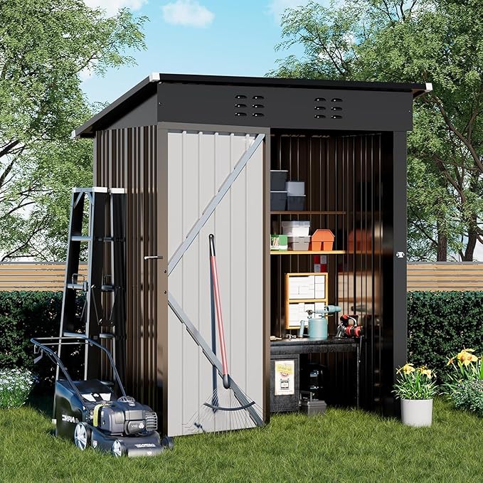 COMHOMA Shed Outdoor Storage Shed Metal,Lockable Doors Tool Sheds with Sloping Roof,Steel Garden Shed with Air Vent for Backyard,Patio,Lawn,Poolside (Brown, 5'*3')
