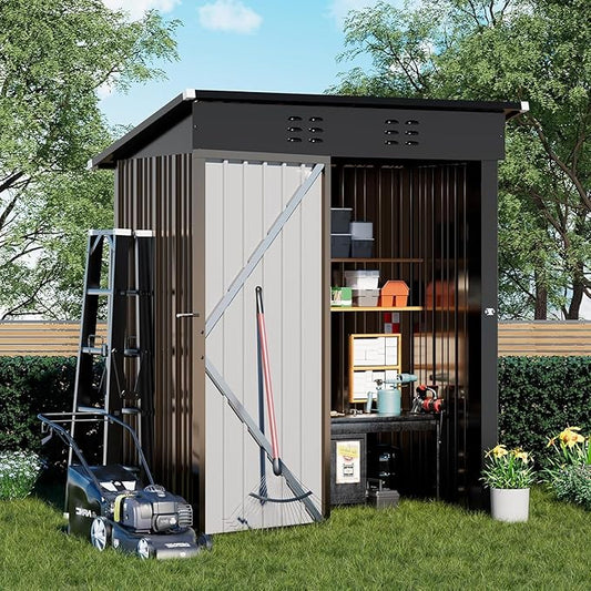 COMHOMA Shed Outdoor Storage Shed Metal,Lockable Doors Tool Sheds with Sloping Roof,Steel Garden Shed with Air Vent for Backyard,Patio,Lawn,Poolside (Brown, 5'*3')
