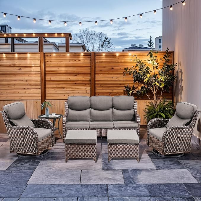 HUMMUH 6-Piece Outdoor Wicker Patio Furniture Set with Swivel Glider Chairs, 3-Seat Sofa & Ottomans 5” Olefin Cushions Ergonomic Neck-Lumbar Backrest All-Weather Rattan for Garden, Deck, Porch