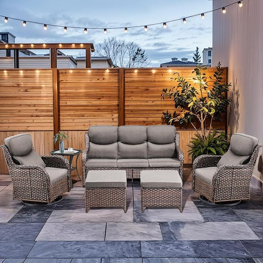 HUMMUH 6-Piece Outdoor Wicker Patio Furniture Set with Swivel Glider Chairs, 3-Seat Sofa & Ottomans 5” Olefin Cushions Ergonomic Neck-Lumbar Backrest All-Weather Rattan for Garden, Deck, Porch