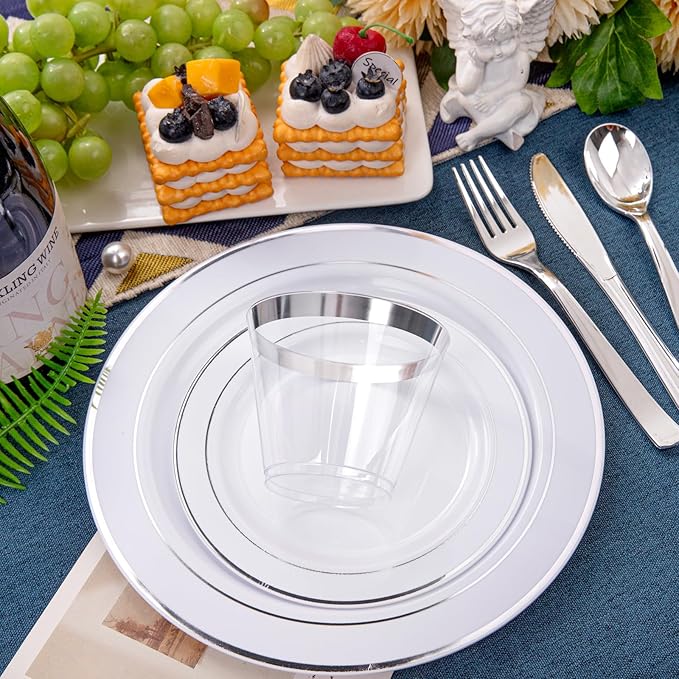 WELLIFE 600 Pcs Sliver Disposable Dinnerware for 100 Guests, Dinnerware Set of 100 Dinner Plates, 100 Salad Plates, 100 Spoons, 100 Forks, 100 Knives, 100 Cups