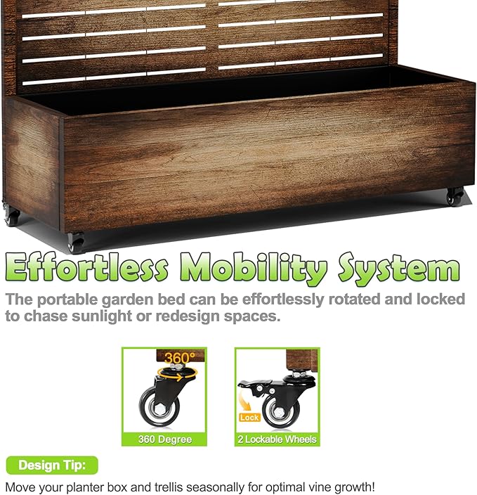 15.7"×70.9"×47.2" Metal Raised Garden Bed with Trellis and Wheels - Tall Trellis Planter Box for Climbing Plants, Vegetables & Vines - Outdoor Privacy Planters for Patio (Vintage Wood Grain)