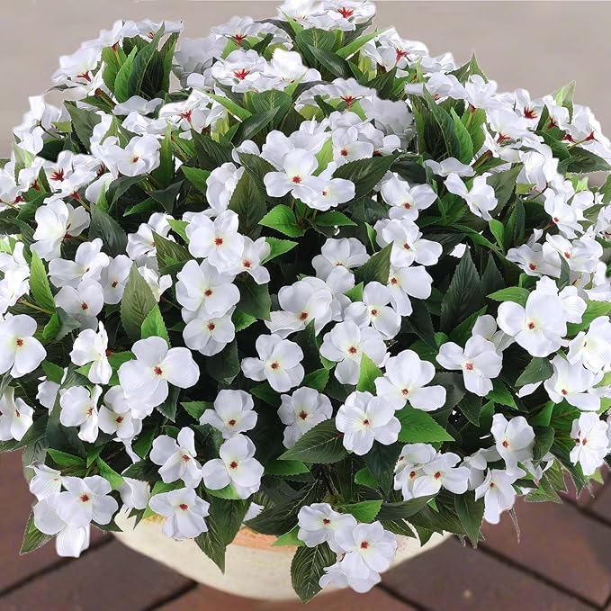 Artificial Flowers for Outdoors Silk Impatiens Flowers Faux Flowers Impatien Bushes Artificial Impatiens for Pot Patio Lawn Garden Hanging Basket Porch Decor (8, White)