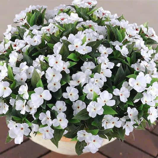 Artificial Flowers for Outdoors Silk Impatiens Flowers Faux Flowers Impatien Bushes Artificial Impatiens for Pot Patio Lawn Garden Hanging Basket Porch Decor (8, White)