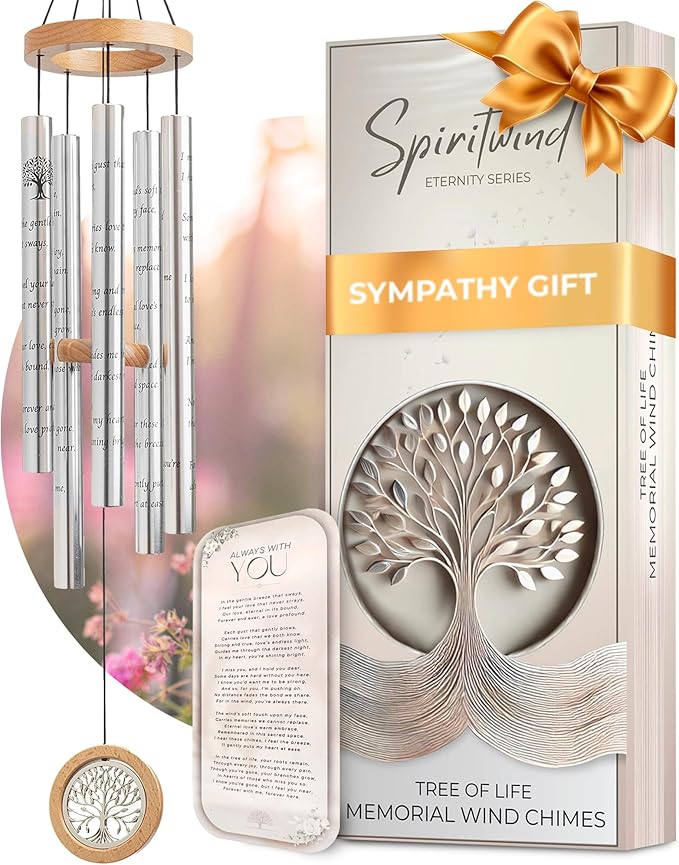 Tree of Life Memorial Wind Chimes for Loss of Loved One - Beautifully Packaged Memory Tree Windchimes in Memory of a Loved One - Sympathy Wind Chimes with Sympathy Card & Floral Keepsake (32" Size)